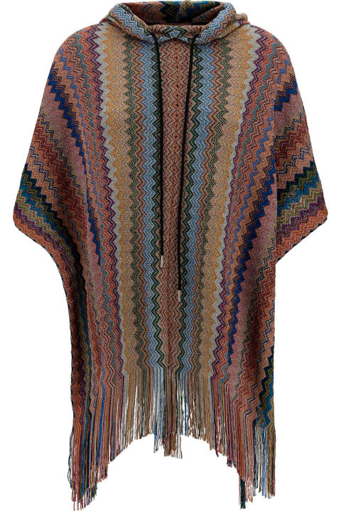ウィメンズ新着アイテム Missoni Multicolor Hooded Poncho With Zigzag Motif In Viscose Blend Woman Missoni