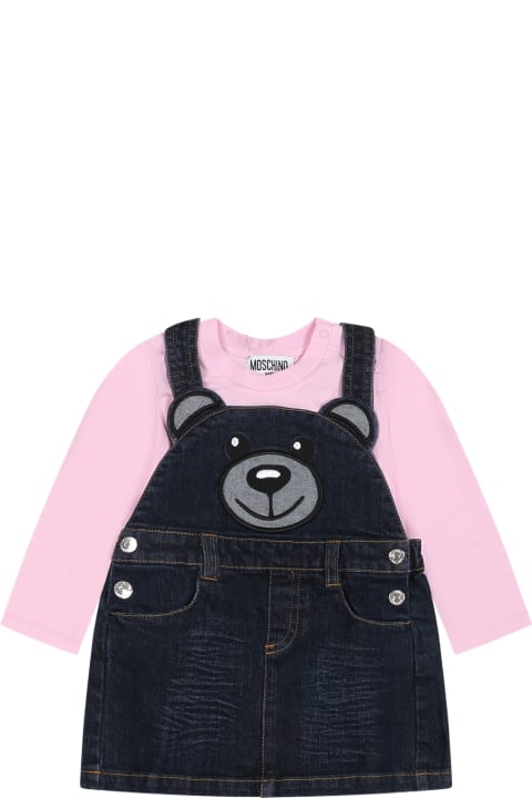 Topwear for Baby Girls Moschino Blue Suit For Baby Girl With Teddy Bear And Logo