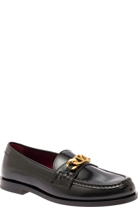Black Loafer With Metal Vlogo Detail In Leather Woman