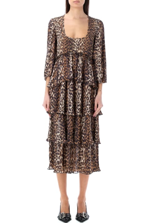 Ganni Dresses for Women Ganni Leopard Flounce Midi Dress