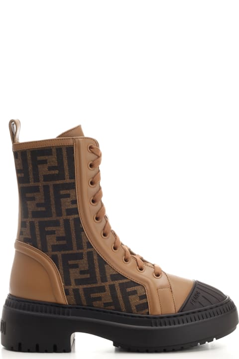 Boots for Women Fendi Domino Leather And Ff Fabric Ankle Boots