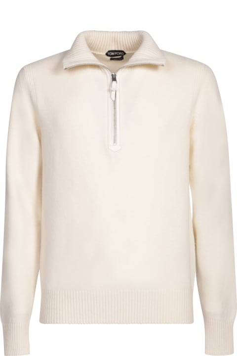 メンズ Tom Fordのウェア Tom Ford White Long-sleeve Sweater With Zip-up Mock Neck In Wool And Cashmere Man