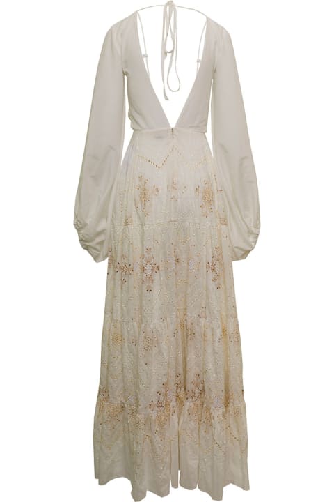 Mario Dice Woman's   Cotton And Silk White Embroidered  Long Dress