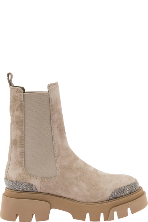 Taupe Ankle Boots In Suede With Monile Embellishment Brunello Cucinelli Woman