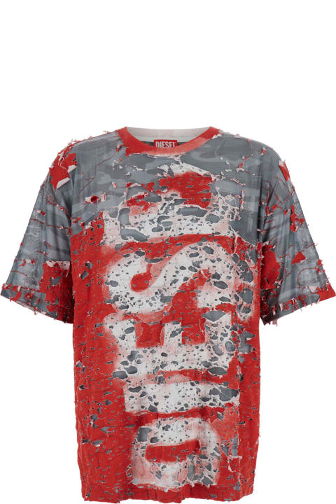 Diesel Topwear for Men Diesel 't-boxt-peel' Red And Grey T-shirt With Destroyed Effect And Camouflage Print In Cotton Blend Man