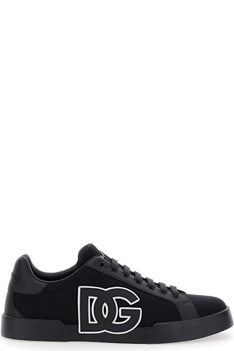 Sneakers for Men Dolce & Gabbana 'portofino' Black Low Top Sneakers With Logo Embroidery On The Side And Logo Patch On The Tongue In Cotton Blend Man