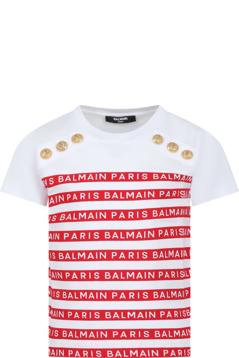 Balmain for Kids Balmain White T-shirt For Girl With Red Stripes And Logo