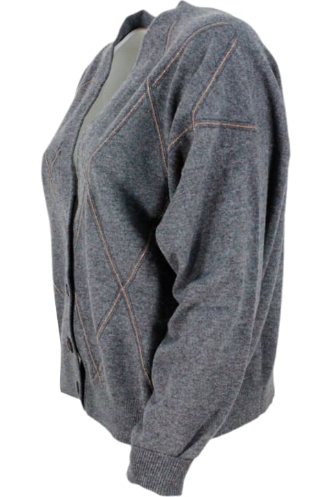Sweaters for Women Brunello Cucinelli Cardigan Sweater Made Of Precious And Refined Wool, Silk And Cashmere With Diamond Pattern Embellished With Rows Of Brilliant Monili