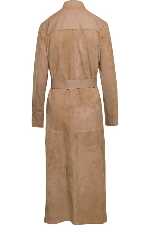 Brown Belted Trench Coat In Suede Woman