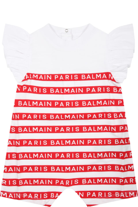 Balmainのベビーガールズ Balmain White Romper For Baby Girl With Red Stripes And Logo