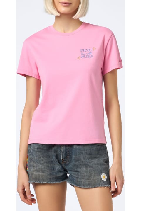 MC2 Saint Barth Topwear for Women MC2 Saint Barth Woman Cotton Jersey Crewneck T-shirt Emilie With Stressed But Well Dressed Embroidery
