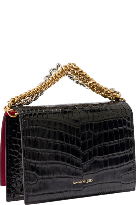 'skull' Small Black Shoulder Bag With Double Chain Detail In Embossed Croc Leather Woman Alexander Mcqueen