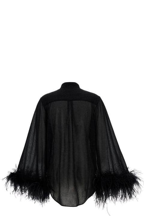 Oseree Women Oseree 'lumière' Black Relaxed Shirt With Tonal Feathers In Polyamide Blend Woman