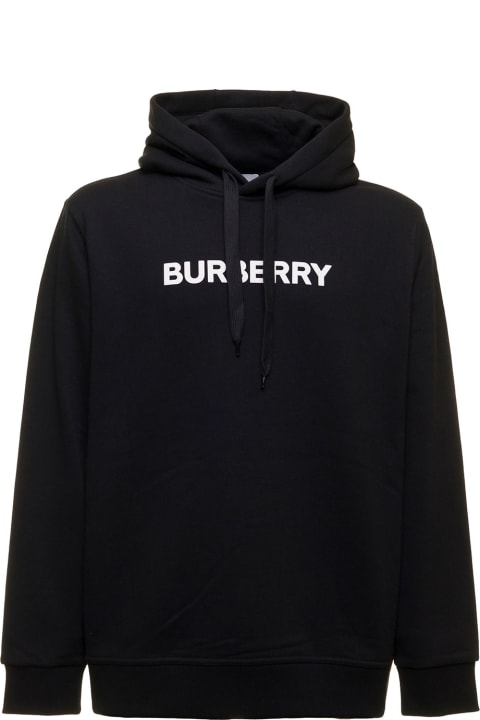 Black Cotton Hoodie With Logo Print  Burberry Man