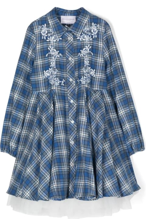 Kids Dress With Blue Check Pattern And White Floral Embroidery