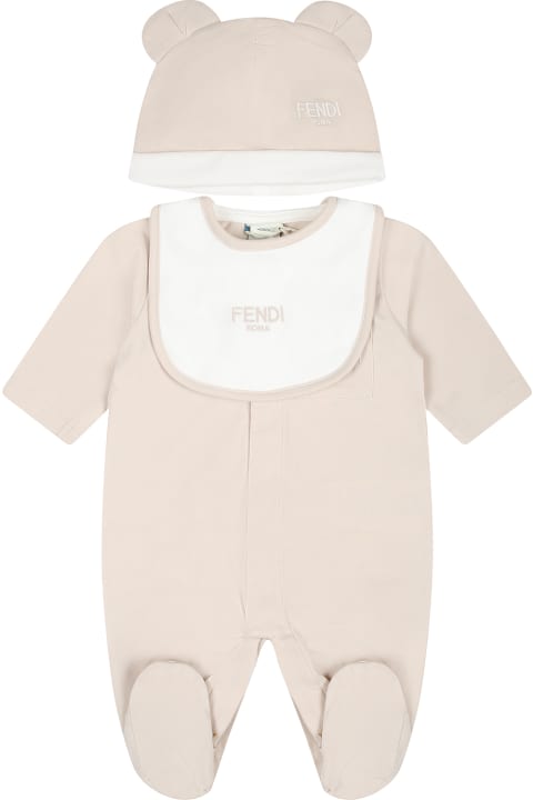 Fashion for Baby Boys Fendi Beige Babygrow Set For Babykids With Bear And Fendi Logo