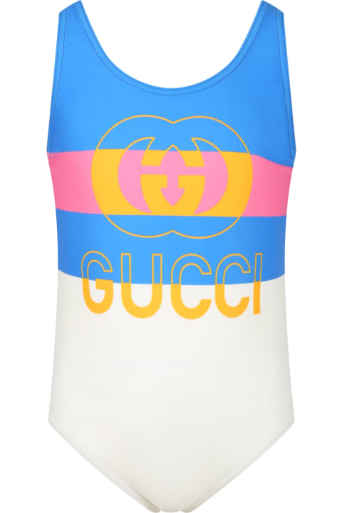 Swimwear for Girls Gucci Costume Avorio Per Bambina Con Stampa Vintage E Iconica Doppia Gg