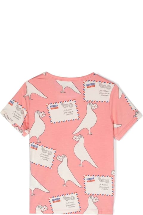 Mini Rodini Kids Mini Rodini Pink Crewneck T-shirt With All-over Pigeons Print In Stretch Fabric Girl