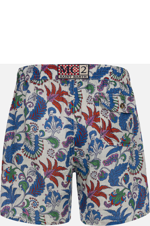 Homeware MC2 Saint Barth Man Mid-length Linen Swim-shorts Gustavia With Flower Print