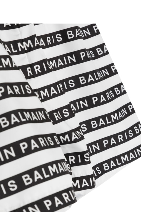 Balmain for Kids Balmain All-over Logo Striped Beach Boxer Shorts