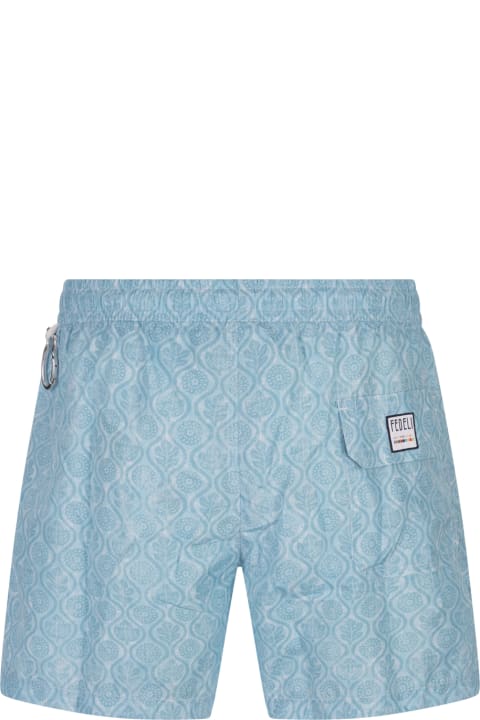 Swimwear for Men Fedeli Light Blue Swim Shorts With Flower And Leaf Pattern