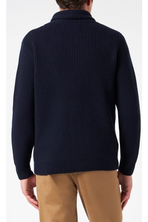 Homeware MC2 Saint Barth Man Shawl Collar Blue Ribbed Cardigan With Pockets And Patch