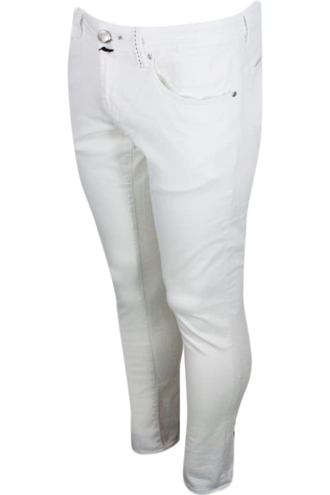 Leonardo Slim Zip Trousers In Soft Cotton With 5 Pockets With Tailored Stitching And Suede Tab. Zip And Button Closure