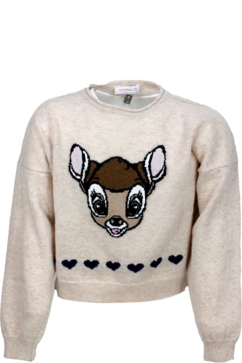 Monnalisa for Kids Monnalisa Crewneck Sweater In Wool With Inlay On The Front