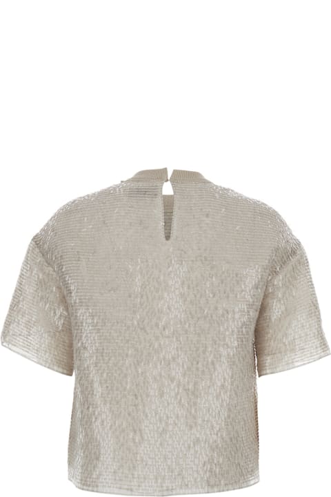 Brunello Cucinelli for Kids Brunello Cucinelli Beige Crew Neck T-shirt With All-over Fringed Details In Silk Woman