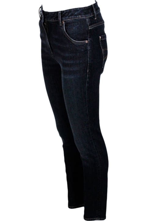 Brunello Cucinelli Clothing for Women Brunello Cucinelli Slim Trousers In Soft Stretch Denim Embellished With Rows Of Brilliant Monili Embroidery On The Back Pocket