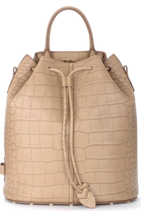 Bucket Bag In Camel Color Leather With Crocodile Effect