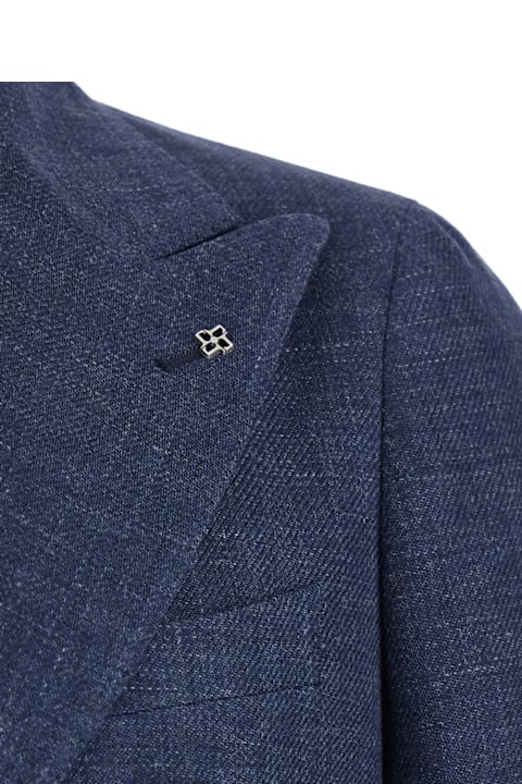 Homeware Tagliatore Blue Double-breasted Blazer With Logo Pin On The Front In Linen And Cotton Blend Man