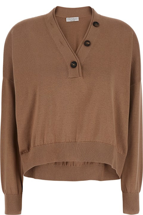 Brunello Cucinelli Clothing for Women Brunello Cucinelli Brown V-neck Sweater With With Buttoning On The Front In Cotton Woman