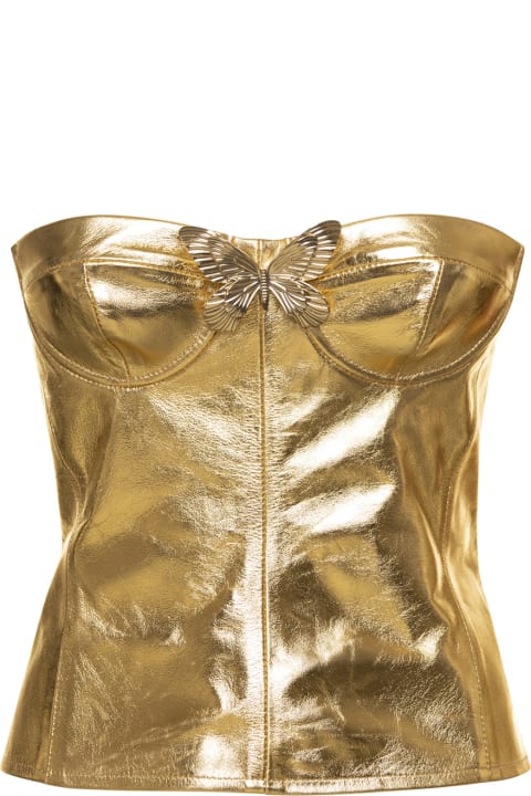 Blumarine for Women Blumarine Gold Bustier Top With Butterfly Detail In Laminated Leather Woman