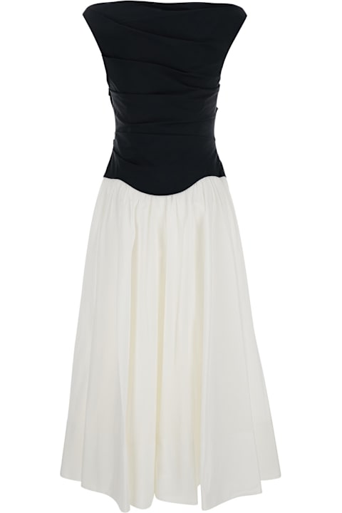 Simkhai for Women Simkhai 'cersei' Black And White Off-shoulder Midi Dress With Flared Skirt In Cotton Blend Woman