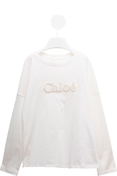Long-sleeved White Cottont-shirt  With Logo  Chloé Kids Girl