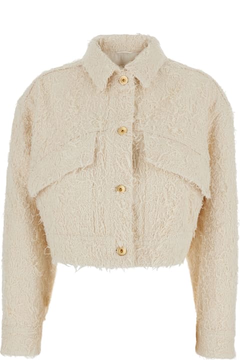 Brunello Cucinelli for Kids Brunello Cucinelli White Jacket With Classic Collar And All-over Fringed Details In Cotton Woman