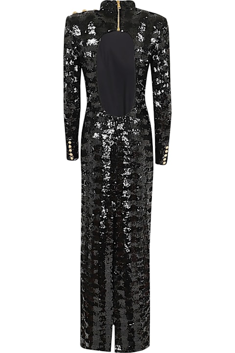 Balmain Sale for Women Balmain Ls High Nck Open Back Sequins Long Dress