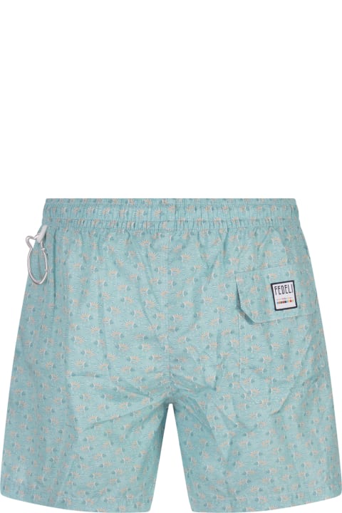 Fedeli Swimwear for Men Fedeli Turquoise Swim Shorts With Fish Pattern