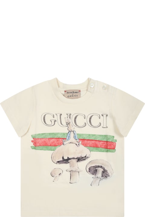 Fashion for Baby Boys Gucci Ivory Baby T-shirt With Mushrooms And Peter Rabbit