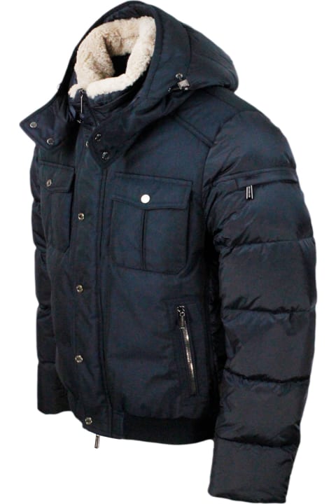 Moorer Clothing for Men Moorer Bomber Jacket Padded With Goose Feathers With Removable Hood And Collar In Curly Sheepskin, Front And Shoulders In Material, Closure With Zip And Butt