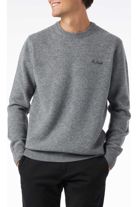 Homeware MC2 Saint Barth Man Crewneck Grey Sweater With St. Barth Embroidery