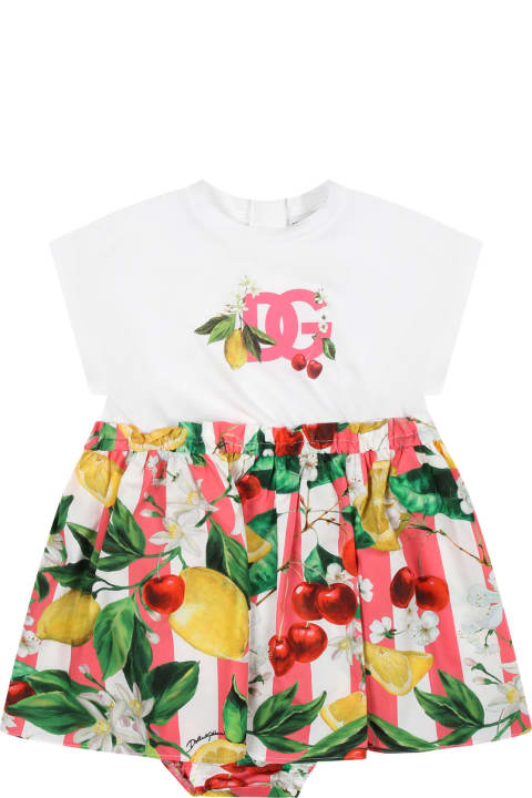 Dolce & Gabbana Sale for Kids Dolce & Gabbana White Dress For Baby Girl With All-over Multicolor Fruits And Flowers