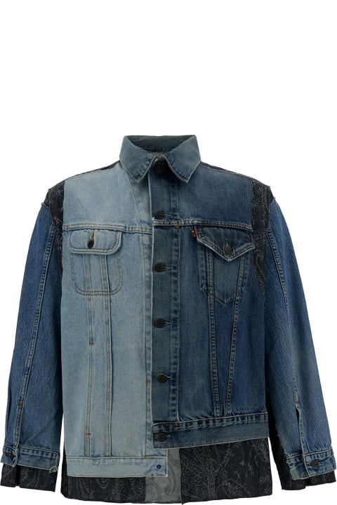 Blue Patchwork Asymmetric Jacket In Cotton Denim Man
