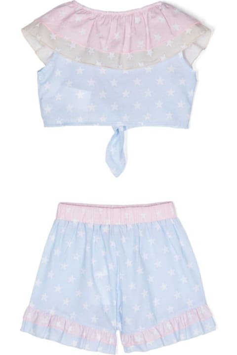Monnalisa Swimwear for Girls Monnalisa Light Blue And Pink Two Piece Swimsuit With Star Print In Cotton Girl
