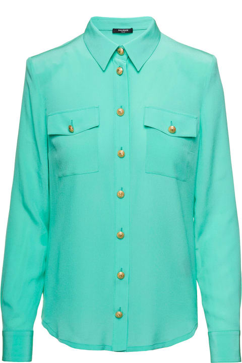 Light Blue Shirt With Jewel Buttons And Pockets In Crepe De Chine Woman