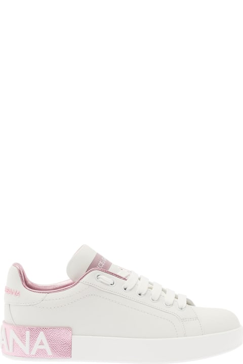 Dolce & Gabbana Sneakers for Women Dolce & Gabbana 'portofino' White And Pink Low Top Sneakers With Logo In Leather Woman