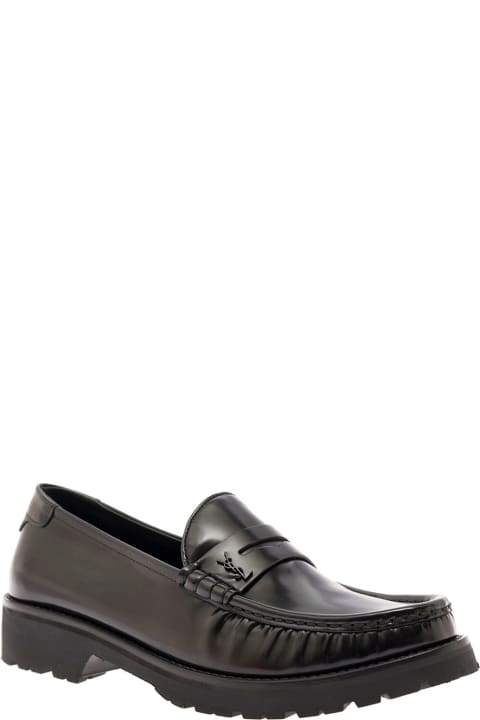 Black Loafers With Platform And Ysl Logo In Leather Man