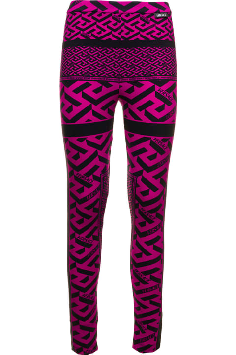 Pink And Black Stretch Fabric Leggings With Geometric Print Versace Woman