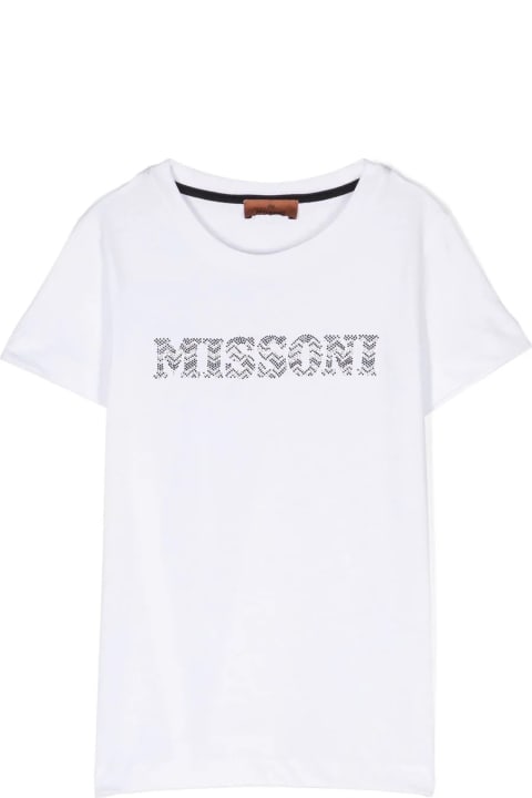 Topwear for Girls Missoni Kids White T-shirt With Chevron Motif Rhinestone Logo